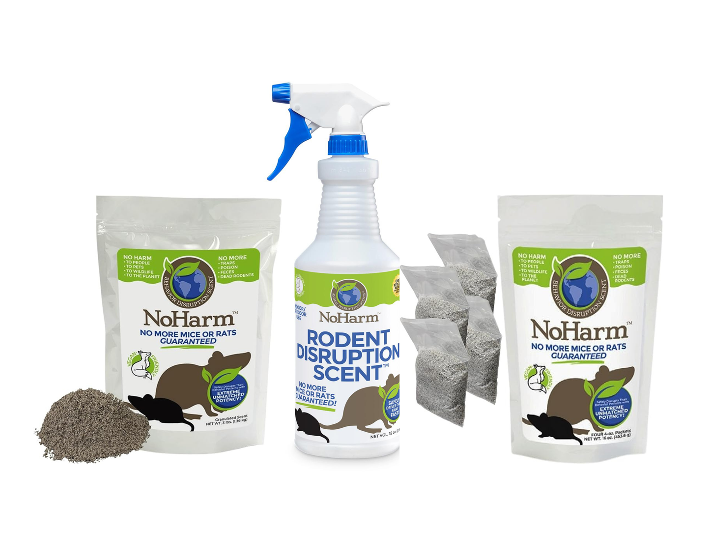 NoHarm Rodent Behavior Disruption Scent Kit - (4) 4 oz. Packs, 3 lb. Bag, 12 oz. Spray Bottle