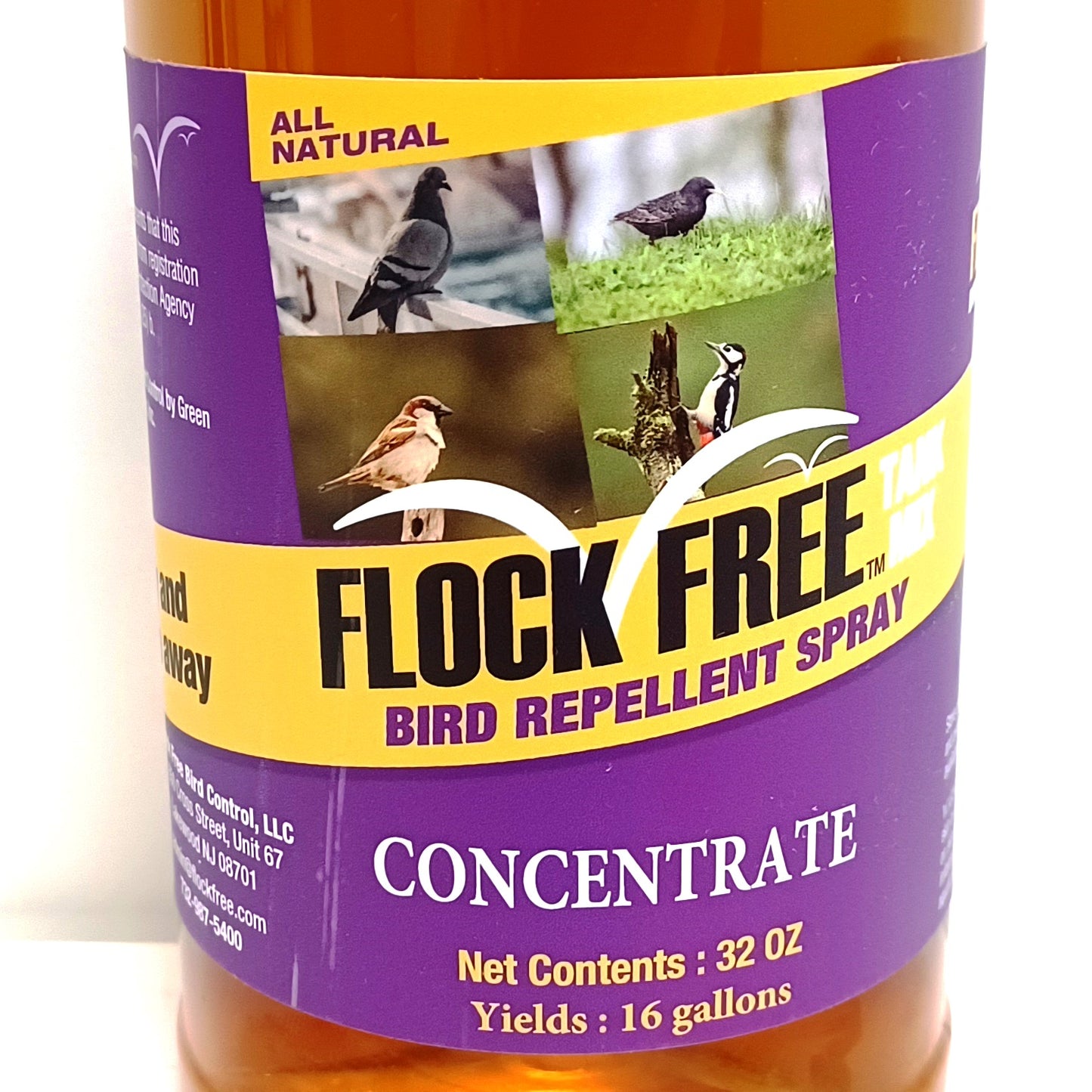 Bird repellent spray concentrate, residential bird problem solution by Flock Free, 32 oz concentrate, makes up to 16 GALLONS